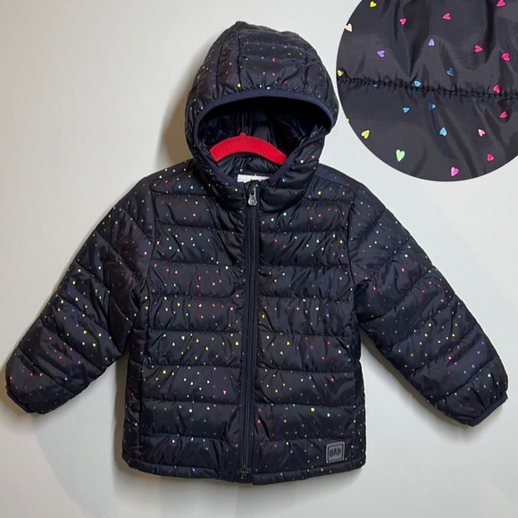 Baby Gap Lightweight Upcycled Puffer Jacket Blue with Foil Rainbow Hearts - Picture 1 of 9